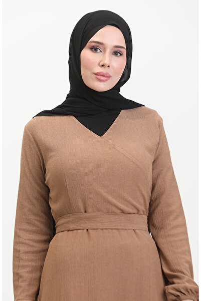 sefamerve Bürümcük Kumaş Yandan Bağlamalı Elbise 1033-05 Sütlü kahve