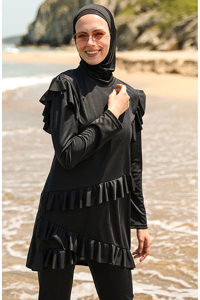 sefamerve Schwarzer Hijab-Badeanzug mit langen Ärmeln und Rüschen – 2208-01