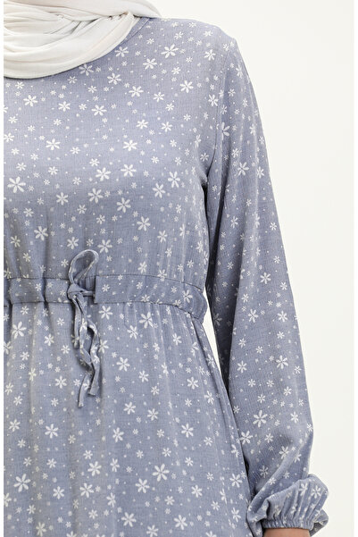 sefamerve Büzgülü Desenli Elbise 81802-02 Mavi