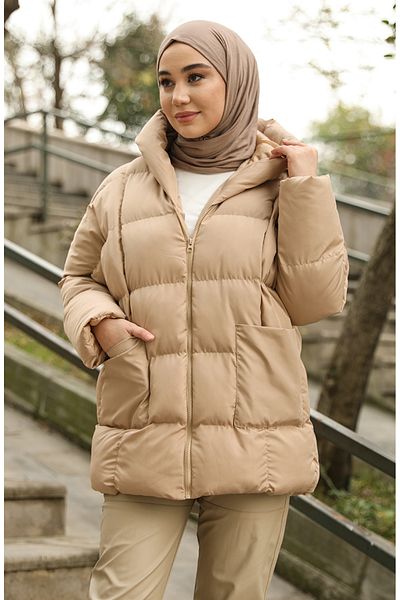 sefamerve Μπεζ Χρώμα Oversize Γεμιστικό Παλτό - 6054-04