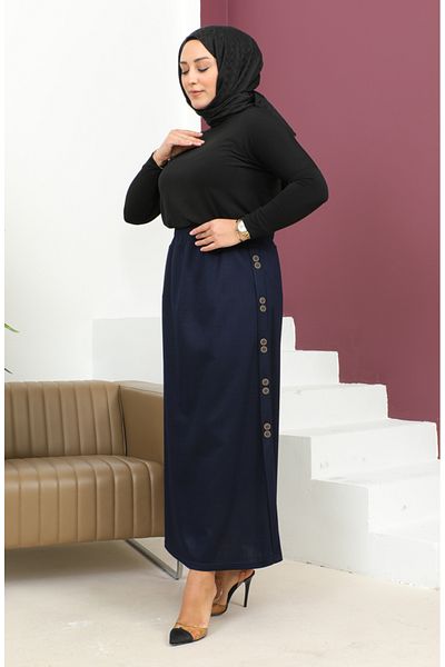 sefamerve Ελαστική φούστα Navy Blue Plus Size - Λεπτομέρεια με κουμπιά 4200-04