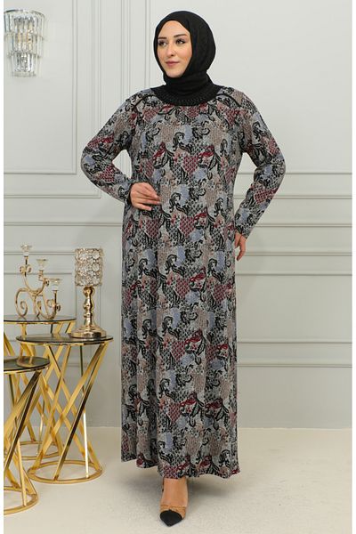 sefamerve Φόρεμα βισκόζης με μπορντό σχέδιο Plus Size - 4447E-01