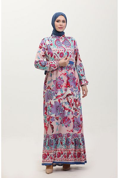 sefamerve Viscose Patterned Beige-Purple Alaçatı Dress - 0334-03