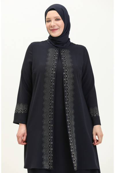 sefamerve Büyük Beden Taş Baskılı Abiye Elbise 6092-06 Lacivert