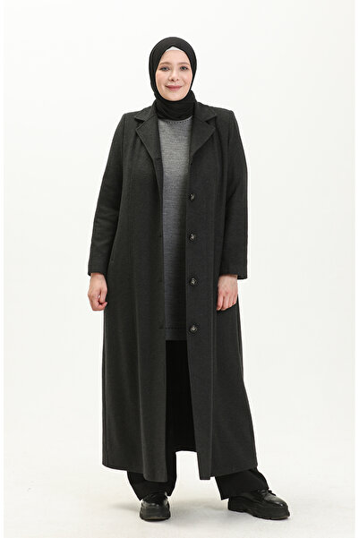 sefamerve Büyük Beden Boydan Düğmeli Kaşe Manto 0176-04 Füme