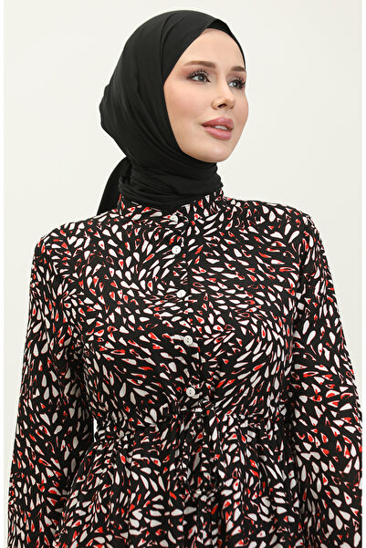 sefamerve Μαύρο Φόρεμα Viscose - Feray 0339-01, Μπροστινό Κουμπί επάνω