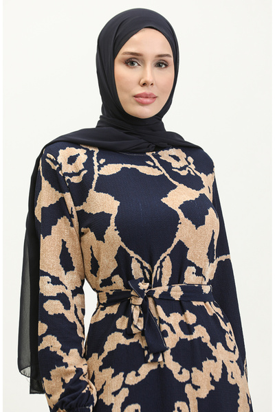 sefamerve Desenli Kuşaklı Viskon Elbise 0277-01 Lacivert