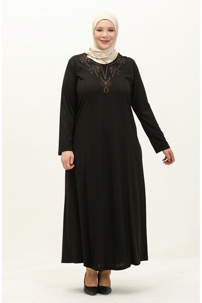 sefamerve Μαύρο Κεντημένο Φόρεμα Plus Size - 4952-01