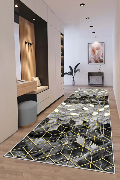 df home 3491 Model Digital Printed Cutting Runner - Washable Non-Slip Based Doorway Entrance Carpet