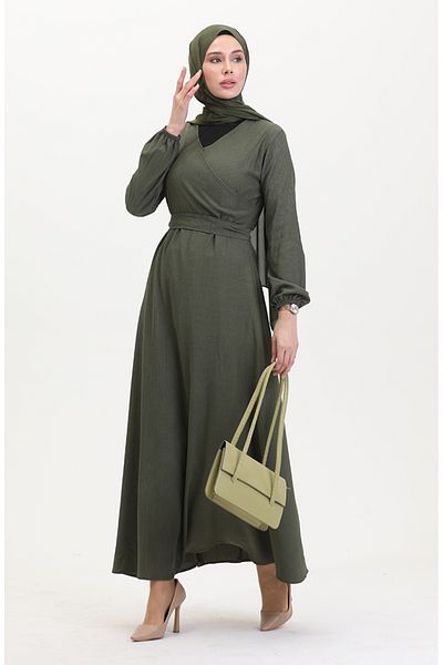 sefamerve Seitlich gebundenes Kleid aus Stoff 1033-01 Khaki