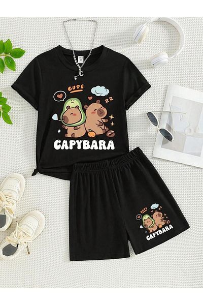 vinraus Girl\Boy Black Cute Capybara Printed Combed Cotton Shorts-Tshirt Set
