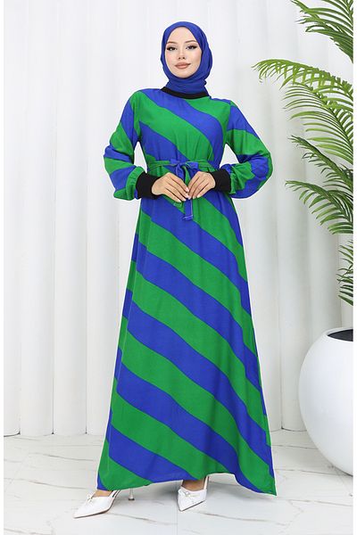 sefamerve Saks Green Viscose φόρεμα - με γεωμετρικό σχέδιο και φύλλο 0460-02