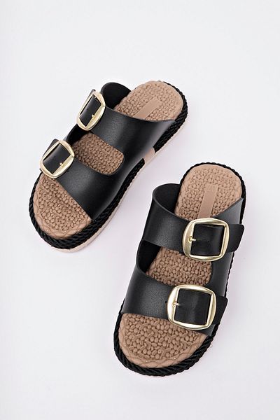 bakacstore Women's Black Daily Double Buckle Comfortable Sole Straw Sandals Slippers
