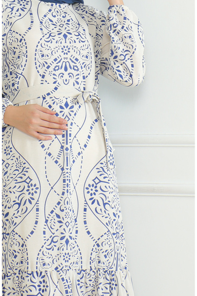 sefamerve Linen Dress - Patterned and Belted, Beige Saks 0471E-05