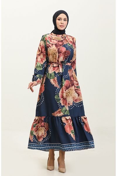 sefamerve Φόρεμα κρεπ με λουλούδια Navy Blue - 0350-04 Dusty Rose