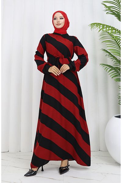 sefamerve Γεωμετρικό Φόρεμα με Ζώνη Βισκόζης - Claret Red Black 0460-08