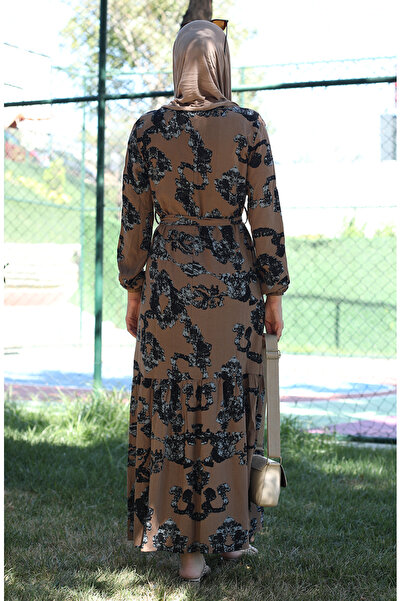 sefamerve Desenli Viskon Elbise 81872A-02 Vizon