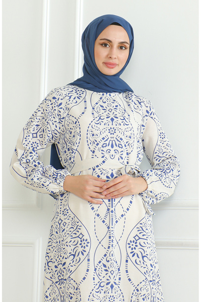 sefamerve Linen Dress - Patterned and Belted, Beige Saks 0471E-05