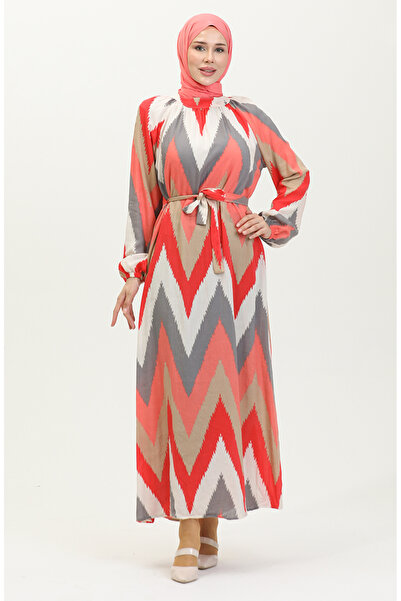 sefamerve Desenli Viskon Elbise 0438-06 Gül Kurusu