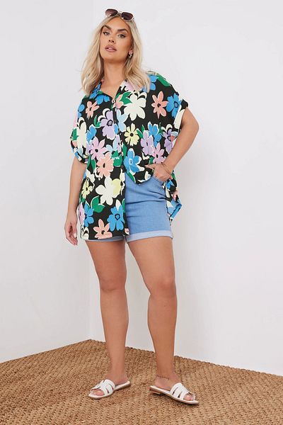 Stil Diva Cămașă cu mânecă scurtă cu nasturi în față cu imprimeu floral 303964