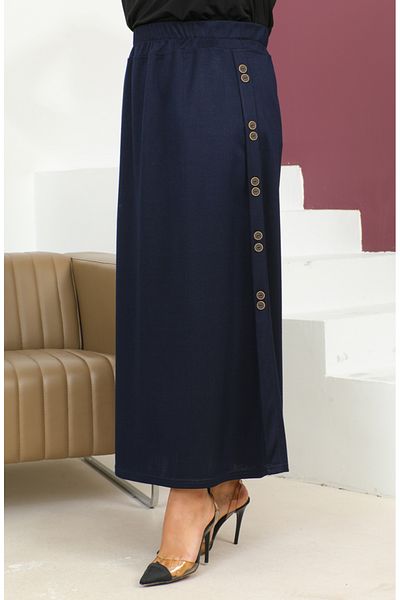 sefamerve Ελαστική φούστα Navy Blue Plus Size - Λεπτομέρεια με κουμπιά 4200-04