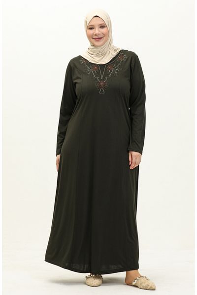sefamerve Χακί Κεντημένο Φόρεμα Plus Size - 4952-04