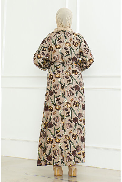 sefamerve Desenli Kuşaklı Elbise 0467-03 Vizon