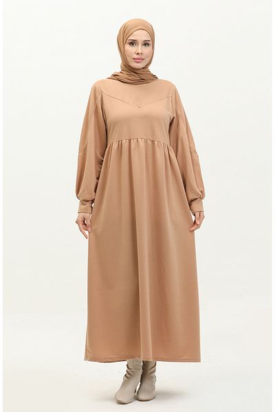 sefamerve Φόρεμα Milk Brown ίσιο - Πλισέ μέση, Μοντέλο 0281-05