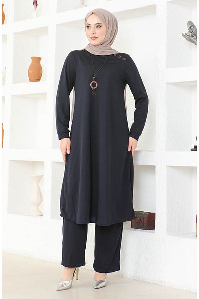 sefamerve طقم تونيك وبنطلون بقلادة باللون الأزرق الداكن - 0580-02