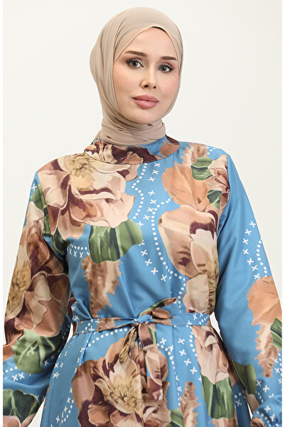 sefamerve Μπλε Καφέ Κρεπ Φόρεμα - Floral Pattern, Μοντέλο 0350-01