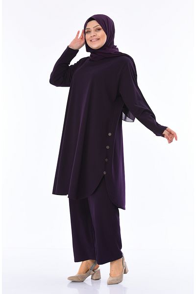 sefamerve Plus Size Plum Tunic and Trousers Set of Two - Button Detail 2655-06