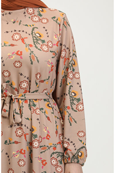 sefamerve Рокля с флорален мотив и колан в цвят норка - 0365-01