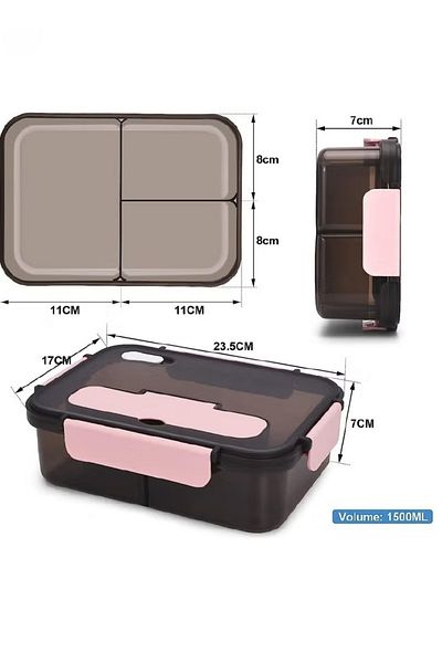 COOYA Bento Lunch Box, 3 Compartment Lunch Box, 1500ml Plastic Lunch Box with Spoon & Fork (Pink）