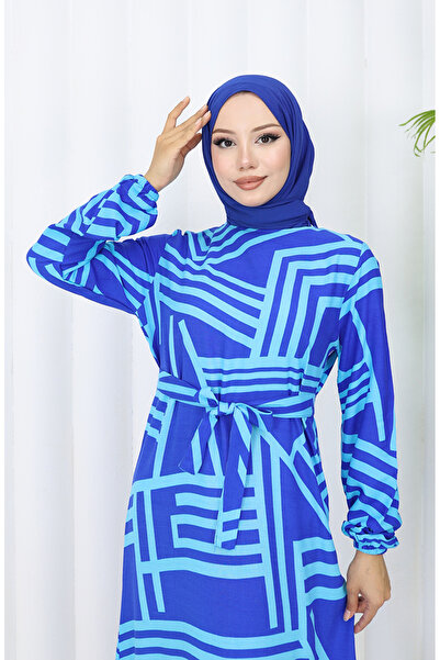 sefamerve Сакс Синя сукня з візерунком і поясом - 0459-02