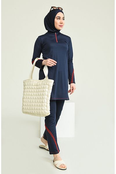 sefamerve Marineblauer Hijab-Badeanzug mit Reißverschluss – 2212-01