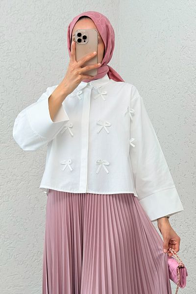 Salih Çelebi Bow Detailed Midi Shirt 2549 - White