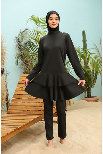 sefamerve Hijab-Badeanzug mit schwarzem Volant – 2215-01