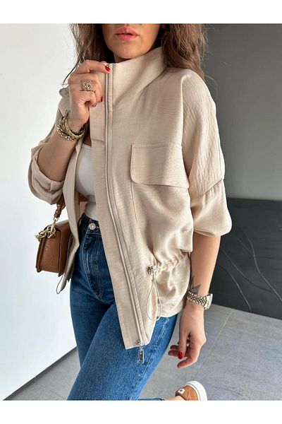 QİMYA BUTİK Qimene Women's Large Pocket Waist Drawstring Loose Collar Straight Oversize Coat