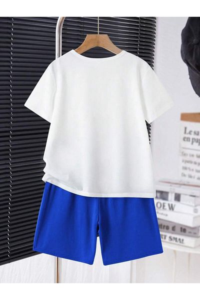 vinraus Girl\Boy White-Sax Blue Brooklyn Ny Printed Combed Cotton Shorts-Tshirt Set