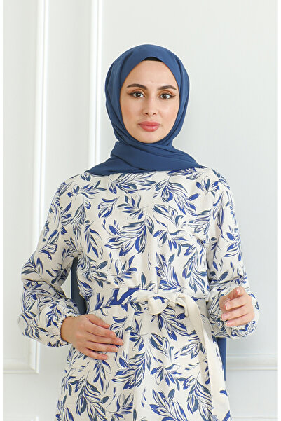 sefamerve Beige Saks Linen Dress - Patterned and Belted 0471-04