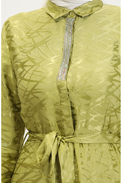 sefamerve Pistachio Green Shirt Collar Patterned Dress - 81854-05