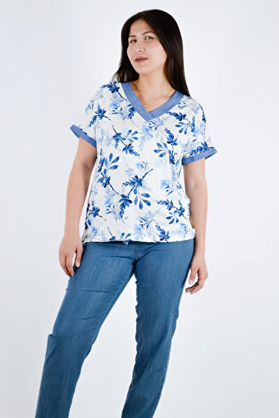 Angora Bluză cu mânecă scurtă cu decolteu în V cu imprimeu floral - albastru