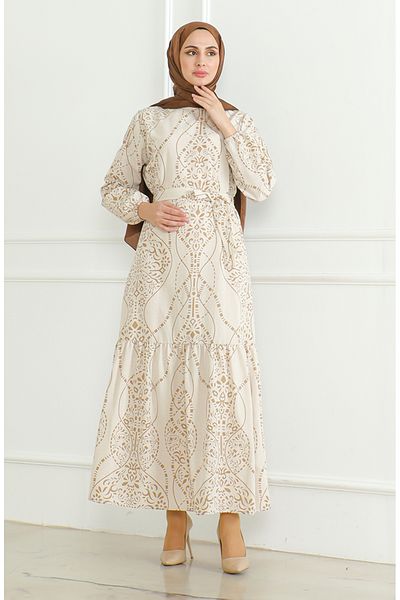 sefamerve Leinenkleid 0471E-02 Beige Milchbraun – Gemustert und mit Gürtel