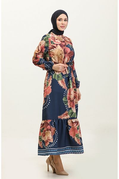 sefamerve Φόρεμα κρεπ με λουλούδια Navy Blue - 0350-04 Dusty Rose