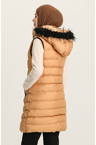 sefamerve Hooded Quilted Puffer Vest 7003-02 Camel