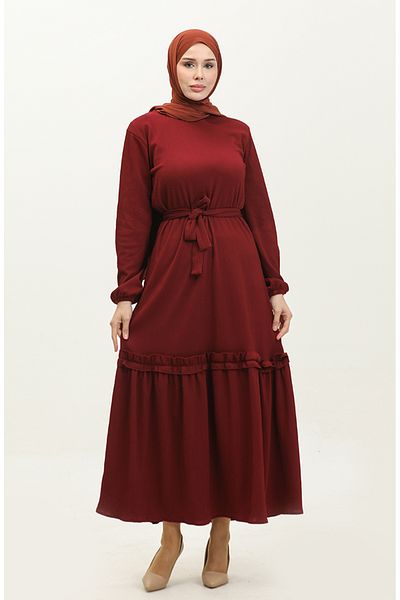 sefamerve Dunkelburgunderfarbenes, figurbetontes, gerafftes Kleid – NZR003A-06