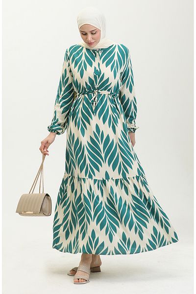 sefamerve Σμαραγδένιο Πράσινο Φόρεμα Βισκόζης - Brush Pattern and Gathered 81869-05
