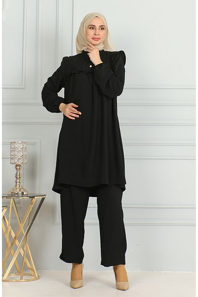 sefamerve Aerobin Fabric - Σετ βολάν τουνίκ και παντελόνι 1009-03 Μαύρο