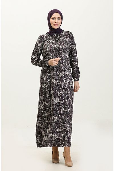 sefamerve Μωβ στάμπα Viscose Plus Size Φόρεμα - 44851D-01