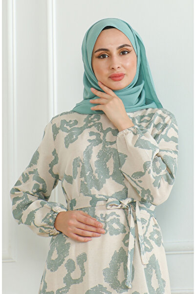 sefamerve Λινό Φόρεμα 0471D-01 - Μπεζ Πράσινο Πράσινο με στάμπα και φύλλα